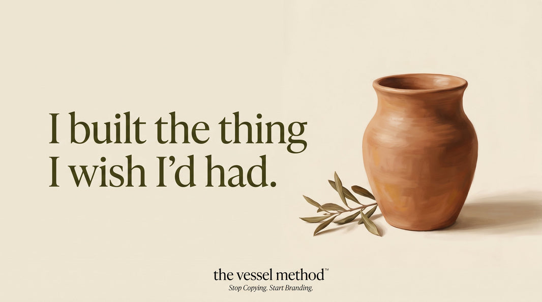 Why I Built The Vessel Method: A handmade terracotta clay vessel beside an olive branch sprig on linen, with the words "I built the thing I wish I'd had"