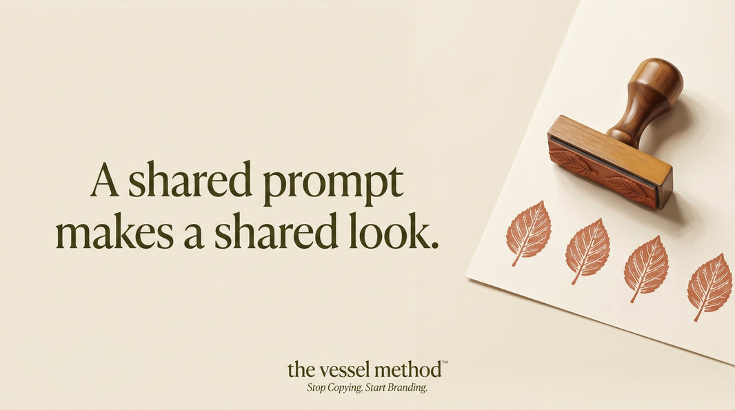 Why Two Shops Can Run The Same Prompt: A wooden rubber stamp beside four identical terracotta leaf prints on cream paper, showing how one stamp repeats the same mark