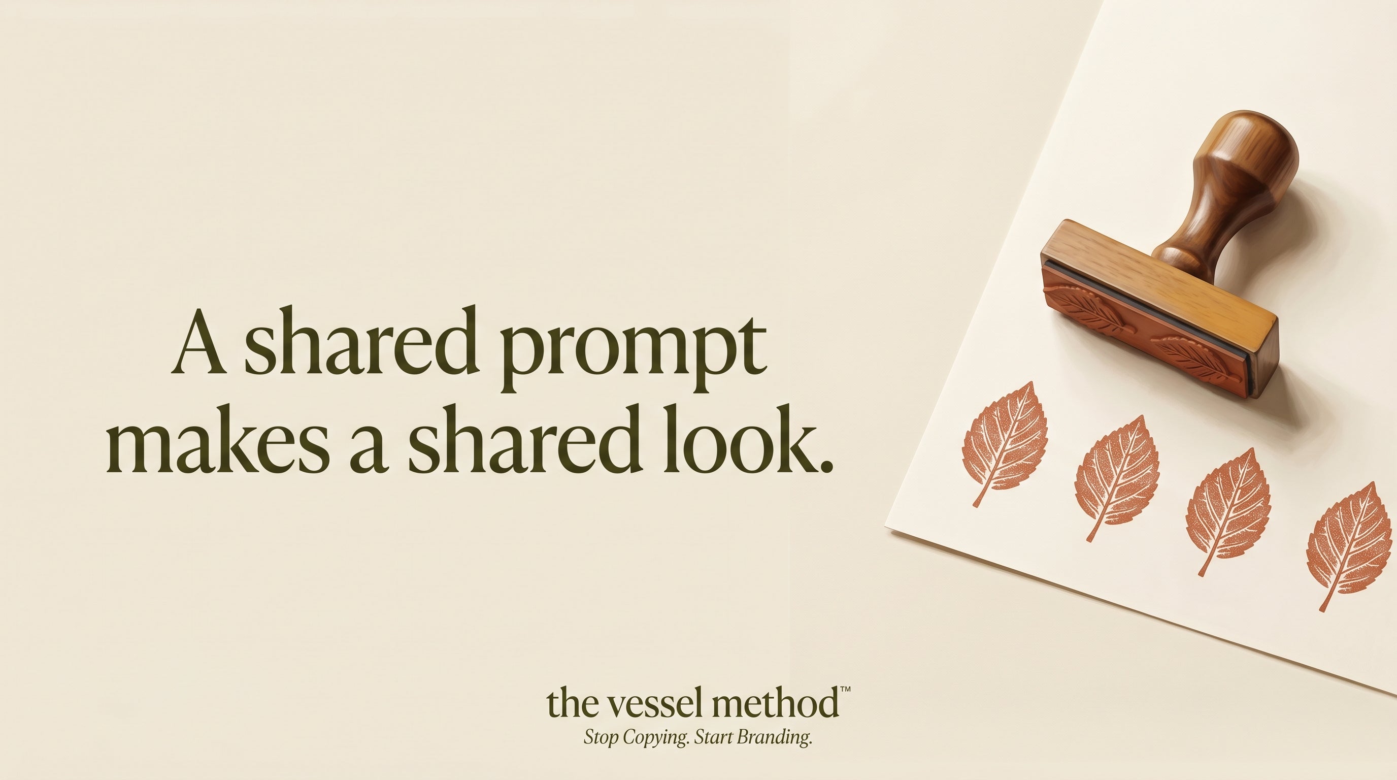 Why Two Shops Can Run The Same Prompt: A wooden rubber stamp beside four identical terracotta leaf prints on cream paper, showing how one stamp repeats the same mark