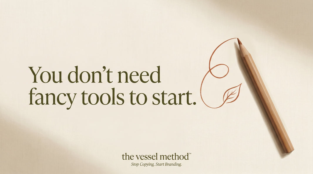 You Don't Need Expensive Tools To Start: A plain wooden pencil drawing a terracotta flourish that curls into a leaf, with the words "You don't need fancy tools to start"