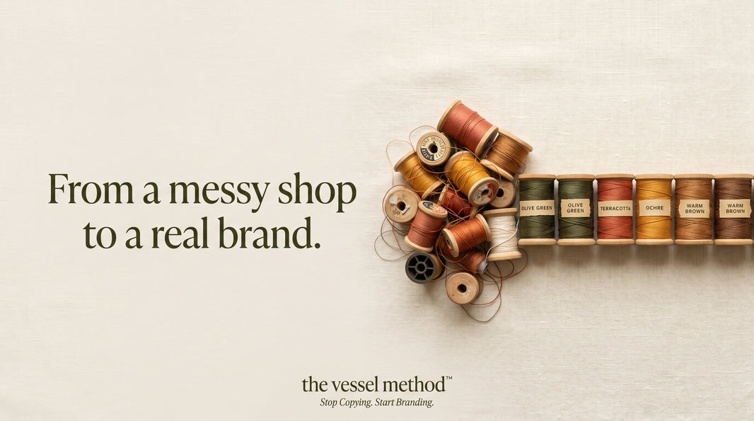 I Turned My Own Messy Shop Around: A messy pile of mismatched thread spools resolving into a neat row of olive, terracotta, and ochre spools, with the words "From a messy shop to a real brand"