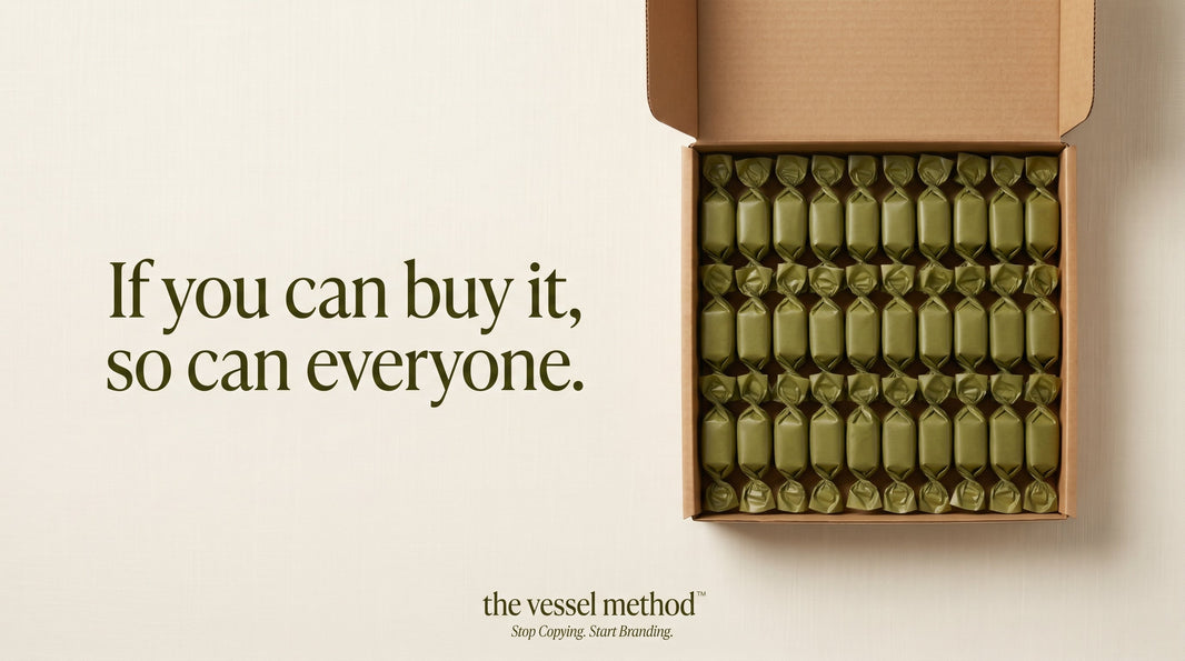 The Problem With Prompt Packs: An open kraft box filled with a grid of identical olive green wrapped candies, with the words "If you can buy it, so can everyone"