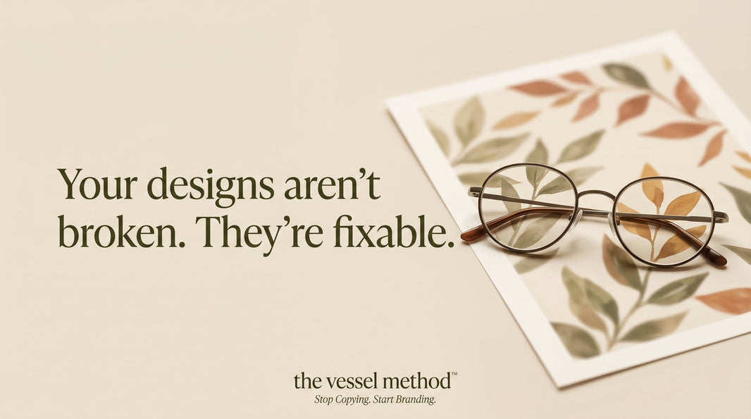 Why Your AI Designs Keep Coming Out Wrong: Round eyeglasses bringing a blurry earthy leaf pattern into focus through the lenses, with the words "Your designs aren't broken, they're fixable"