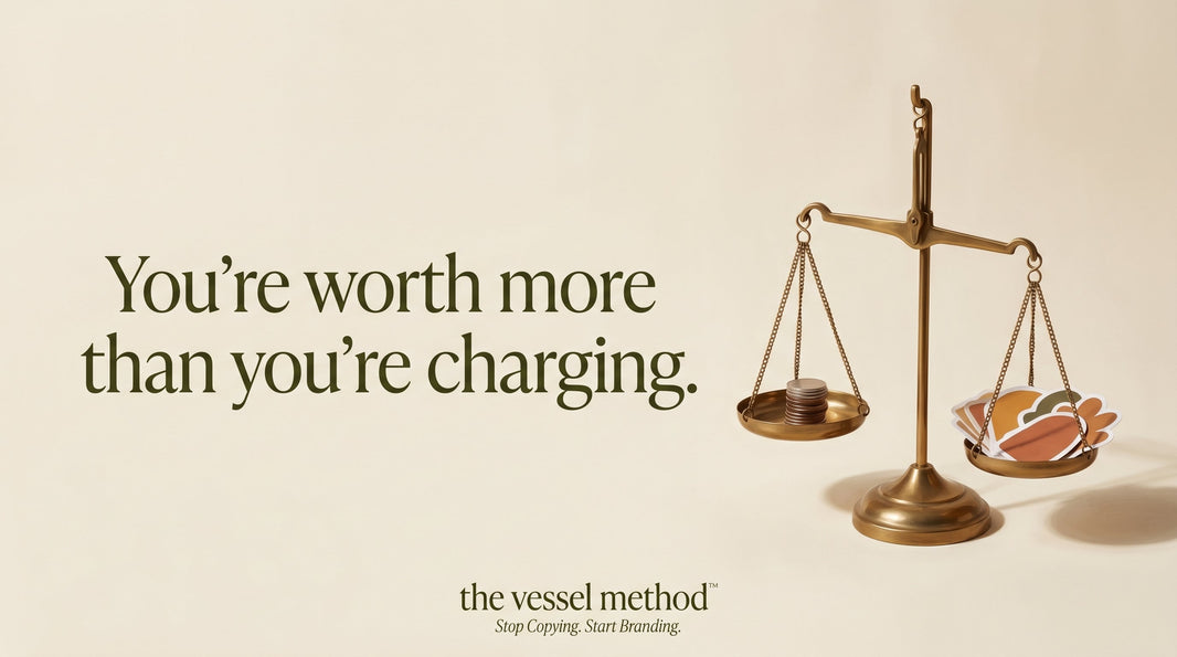 Why You're Probably Charging Too Little: A brass balance scale weighing a few coins against a heavier bundle of handmade stickers, with the words "You're worth more than you're charging"