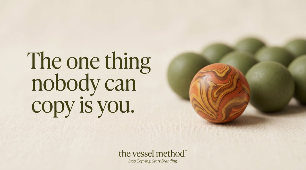A unique swirled terracotta marble in sharp focus in front of a blurred group of identical olive marbles, with the words "The one thing nobody can copy is you"