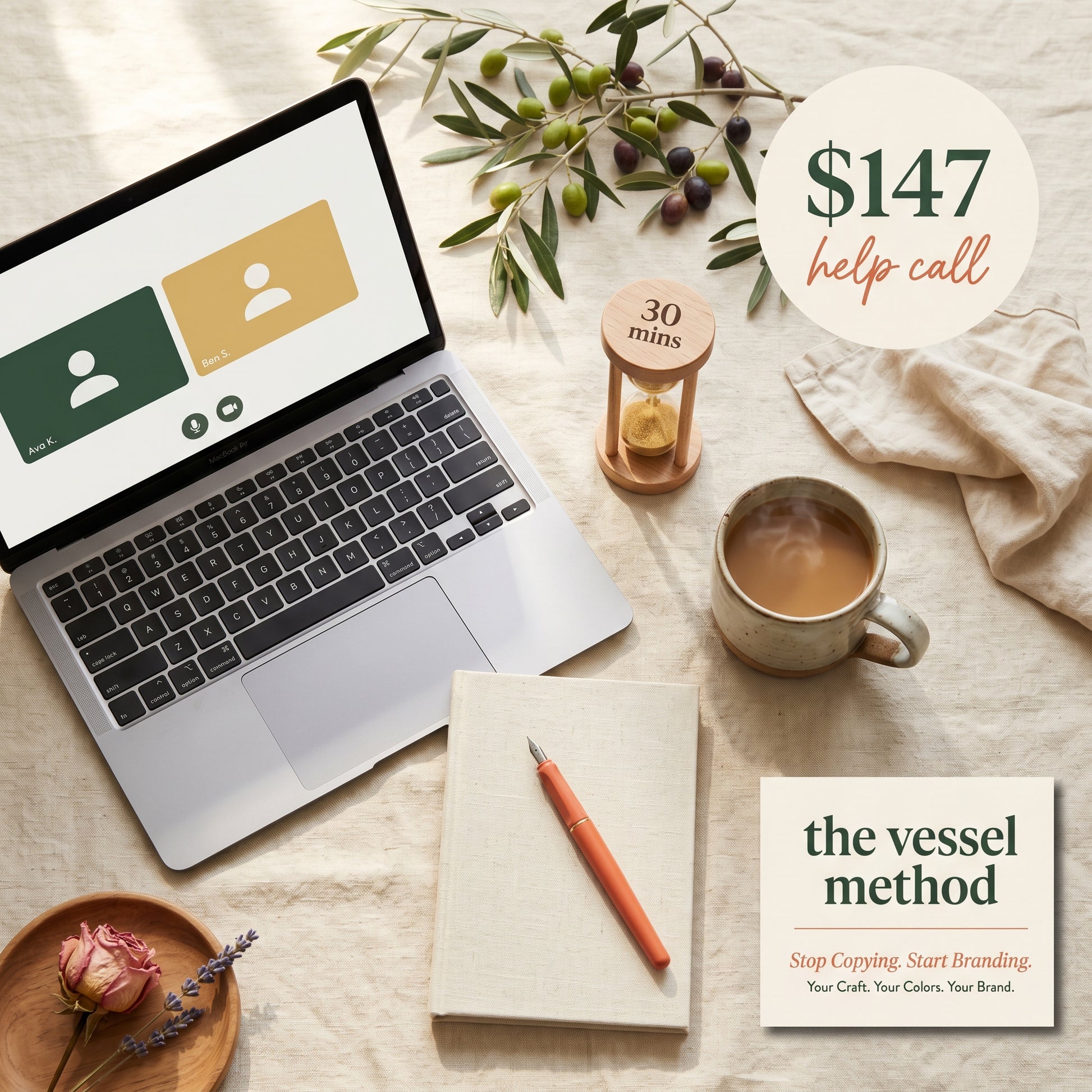 The Vessel Method 1:1 Help Call cover, an editorial flat-lay of a 
laptop showing a video call interface, fountain pen on a notepad 
with handwritten session notes, a coffee mug, and a $147 price badge 
for a 30-minute troubleshooting call with Sonia for makers building 
their brand identity