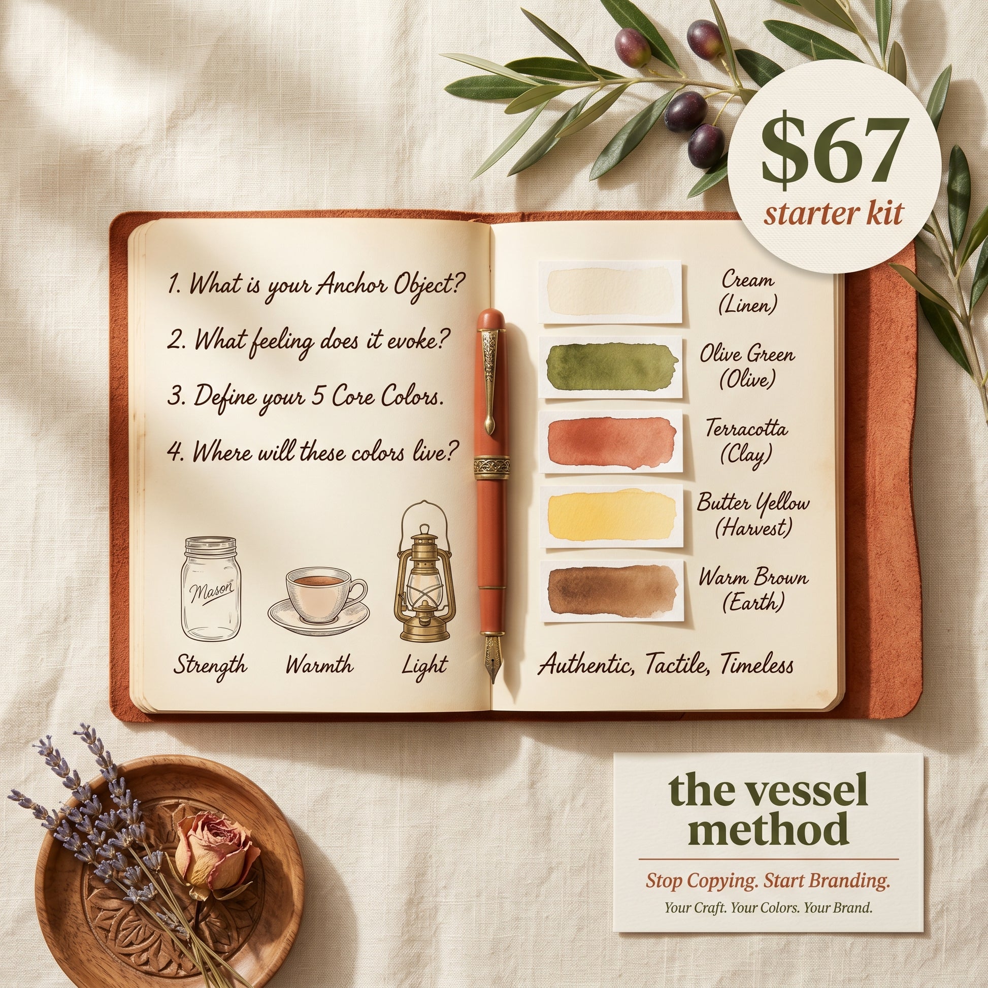 The Vessel Method Starter Kit cover, an editorial flat-lay of an 
open leather-bound journal with handwritten brand identity 
questions, watercolor swatches of cream, olive green, terracotta, 
butter yellow, and warm brown, painterly sketches of a mason jar, 
teacup, and vintage lantern, with a $67 price badge and olive 
branch styling