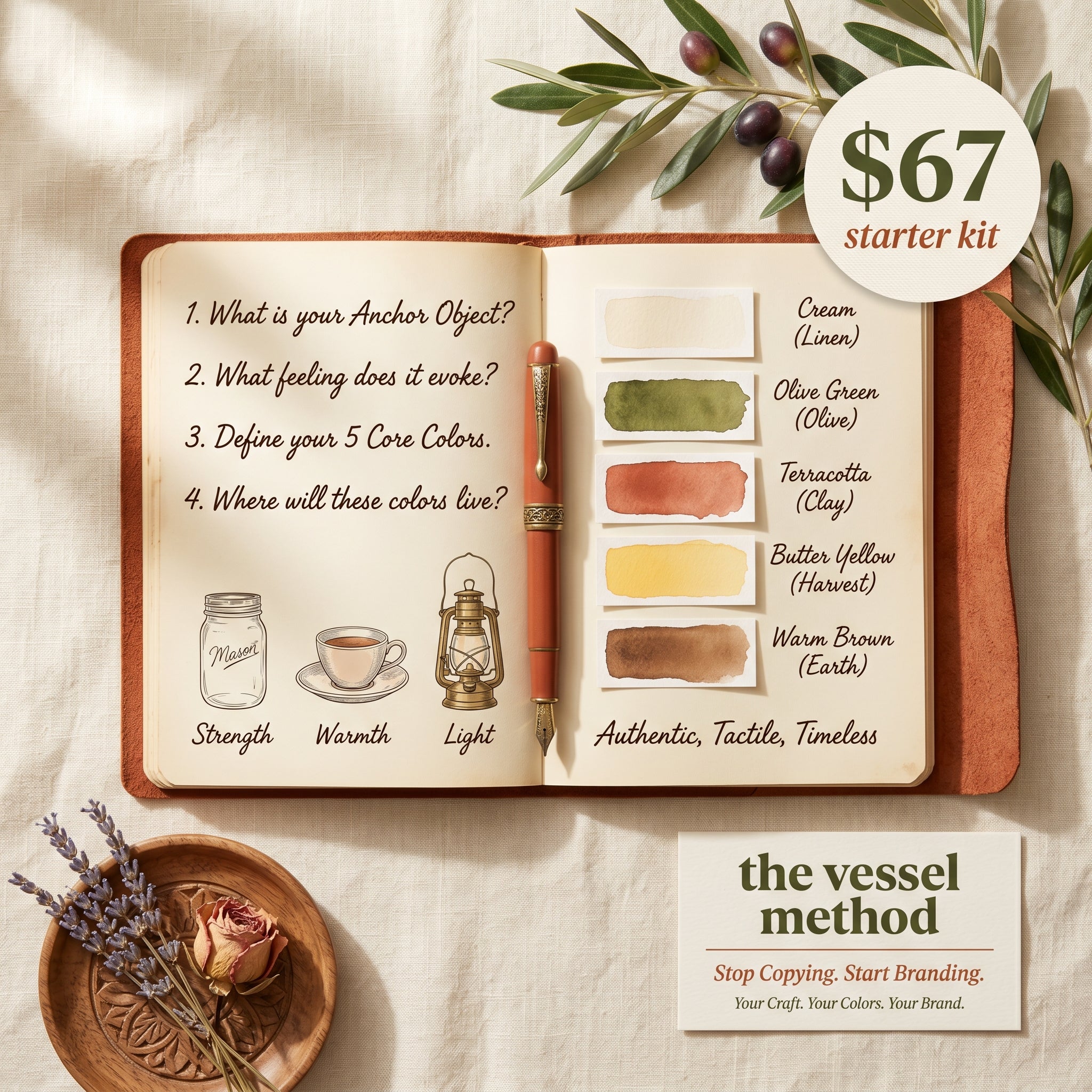 The Vessel Method Starter Kit cover, an editorial flat-lay of an 
open leather-bound journal with handwritten brand identity 
questions, watercolor swatches of cream, olive green, terracotta, 
butter yellow, and warm brown, painterly sketches of a mason jar, 
teacup, and vintage lantern, with a $67 price badge and olive 
branch styling